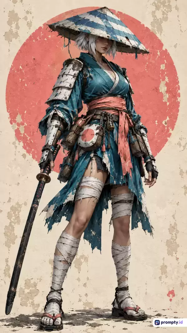 Gambar bergaya ilustrasi digital semi-realistis ini menampilkan konten seorang wanita pendekar samurai futuristik berambut putih yang mengenakan kimono biru compang-camping, topi bambu tradisional, dan perban di kaki, dengan latar belakang lingkaran merah matahari terbit bergaya bendera Jepang bertekstur usang, serta mencakup kata kunci samurai wanita, seni digital, fiksi ilmiah, Jepang feodal, dan aksi, dengan tiga warna dominan yaitu biru, merah, dan krem.
