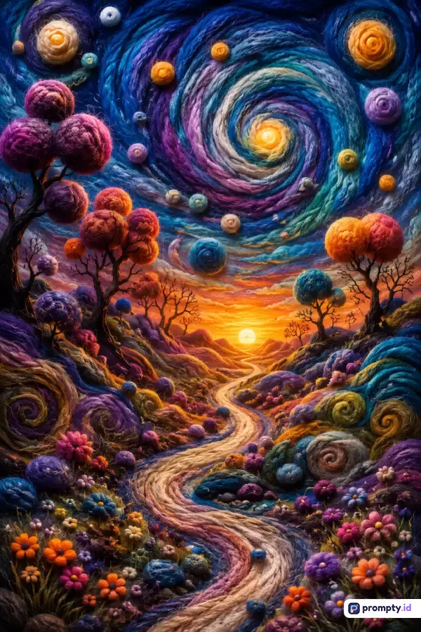 Gambar ini bergaya seni tekstil dengan teknik rajut benang wol (yarn art), menampilkan pemandangan surealis lanskap alam bergelombang yang dihiasi pohon-pohon bulat dan jalan berkelok menuju matahari terbit, dengan kata kunci benang wol, lanskap surealis, seni tekstil, malam berbintang, pemandangan fantasi, dan jalan setapak, serta didominasi oleh warna biru tua, jingga hangat, dan ungu lembayung.