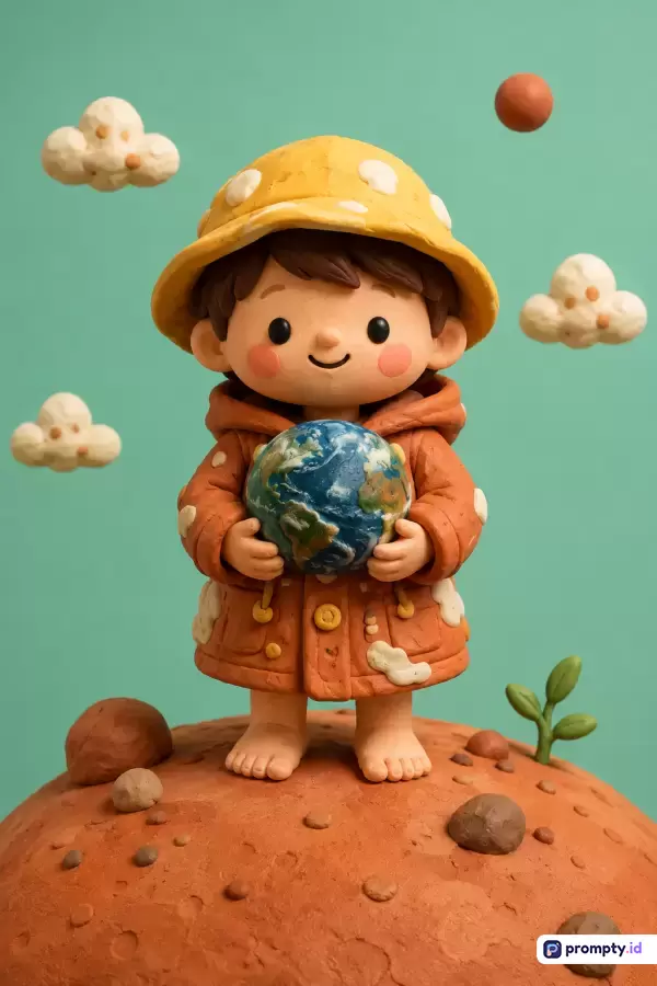 Gambar bergaya figurin tanah liat (claymation) yang menampilkan seorang anak berjaket dan bertopi oranye sedang berdiri di atas planet cokelat sambil memegang miniatur bumi di antara awan-awan putih berlatar hijau toska dengan kata kunci anak bumi, planet, tanah liat, ramah lingkungan, ilustrasi 3D, serta tiga warna dominan yaitu hijau toska, oranye kemerahan, dan cokelat tanah.