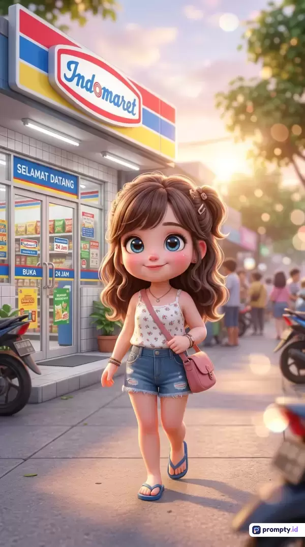 Gambar bergaya ilustrasi digital 3D chibi ini menampilkan seorang gadis berambut cokelat bergelombang yang sedang berjalan riang di depan minimarket Indomaret saat sore hari, dengan konten visual yang mencakup suasana perkotaan hangat, papan nama toko ikonik, motor terparkir, dan pencahayaan matahari terbenam yang lembut, serta menggunakan kata kunci Indomaret, gadis chibi, animasi 3D, swalayan, dan sore hari, didominasi oleh warna biru, merah, dan kuning, dengan warna dominan: Biru, Merah, Kuning.