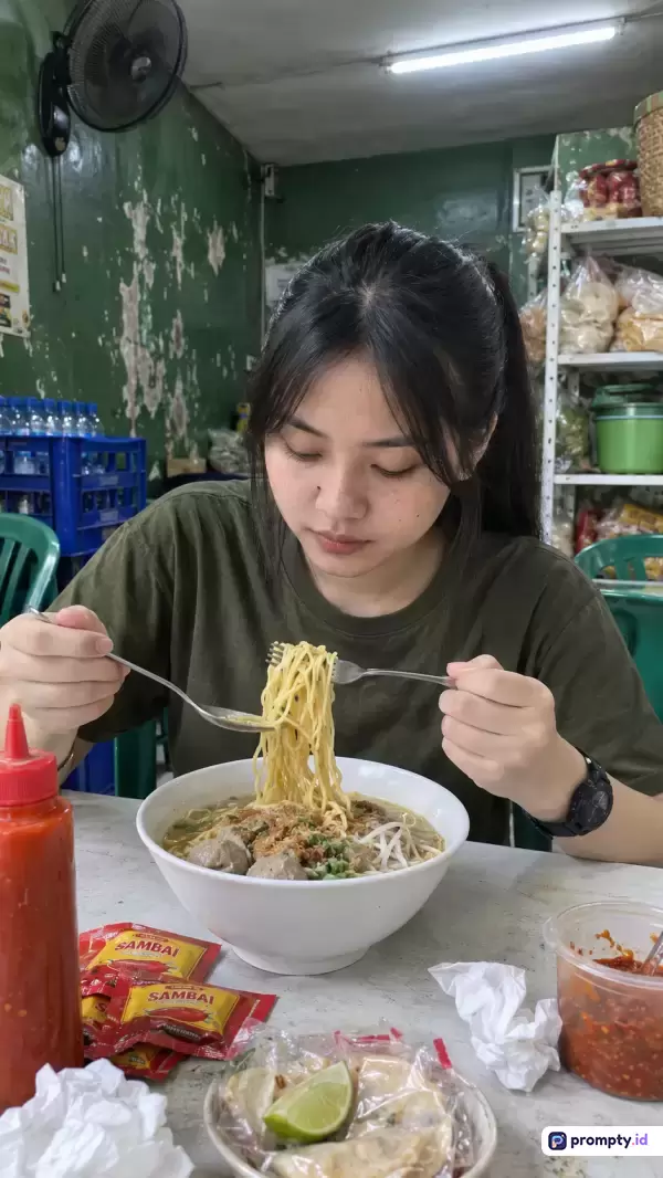 Gambar bergaya fotografi kasual ini menampilkan seorang wanita berambut hitam mengenakan kaos hijau zaitun sedang menikmati semangkuk mie ayam bakso hangat di warung sederhana, dengan konten yang menonjolkan aktivitas kuliner lokal, kata kunci mie ayam, bakso, wanita, kuliner nusantara, warung makan, dan warna dominan hijau tua, putih, serta merah, dengan tiga warna dominan yaitu hijau tua, putih, dan merah.