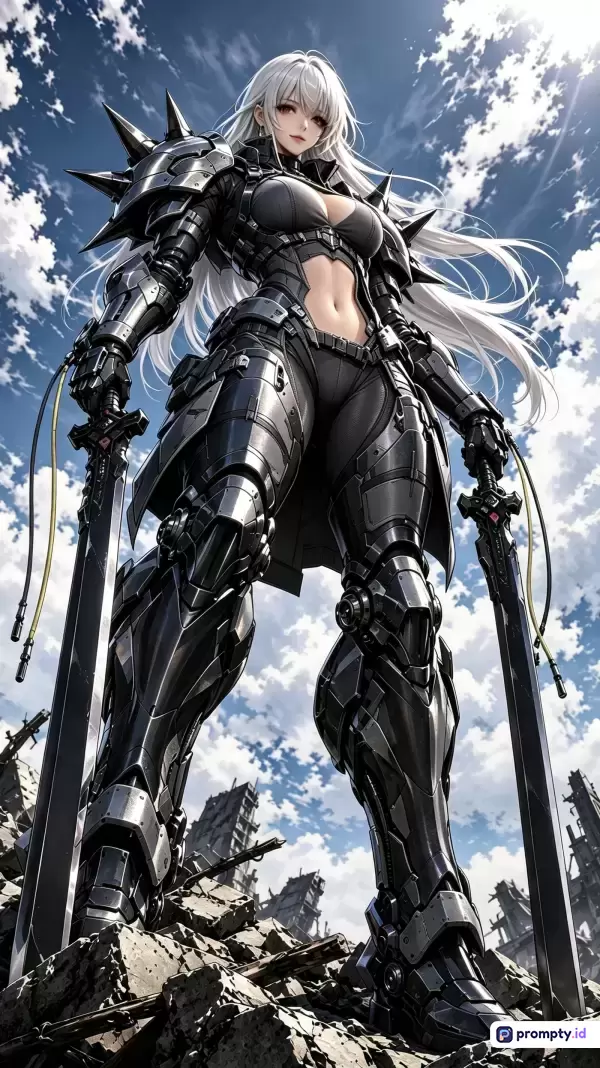 Gambar bergaya anime digital ini menampilkan seorang pejuang wanita berambut putih panjang dengan zirah futuristik hitam berduri dan memegang pedang besar di atas reruntuhan dengan latar langit biru berawan, serta mengusung kata kunci ksatria wanita, fiksi ilmiah, mecha, dan kehancuran dengan dominasi warna hitam, putih, dan biru.