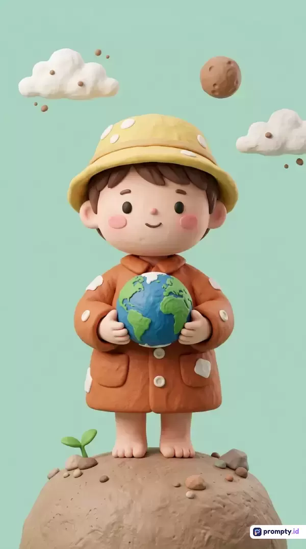 Gambar bergenre seni tanah liat (claymation) 3D ini menampilkan seorang anak berhati-hati memegang miniatur planet bumi dengan latar belakang hijau pastel, dihiasi warna dominan hijau mint, cokelat terakota, dan kuning lembut, serta kata kunci anak kecil, bumi, pelestarian alam, ramah lingkungan, miniatur tanah liat, dunia hijau, dan ekologi.