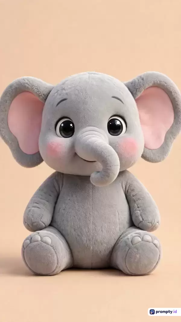 Gambar bergaya fotografi produk 3D ini menampilkan boneka gajah berbulu lembut dengan mata besar dan pipi merah merona, bertema anak-anak, menggunakan kata kunci boneka gajah, mainan anak, lucu, lembut, estetis, berpalet tiga warna dominan yaitu abu-abu, merah muda, dan krem.