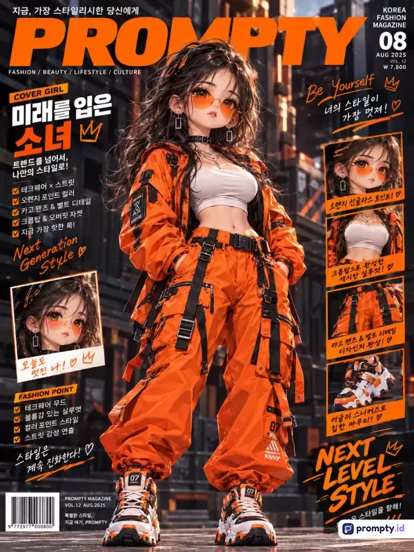 Gambar ini menampilkan ilustrasi sampul majalah mode bergaya anime digital 3D beresolusi tinggi yang menampilkan seorang gadis muda berambut cokelat ikal mengenakan pakaian *techwear* dan kargo oranye terang dengan crop top putih dan kacamata hitam berbingkai oranye di tengah latar perkotaan cyberpunk, yang dicirikan oleh kata kunci gaya fesyen futuristik, gadis anime urban, sampul majalah mode, dan *techwear* oranye, dengan tiga warna dominan yaitu oranye menyala, hitam arang, dan putih bersih, serta dikemas dengan kata kunci seperti estetika jalanan, potret cyberpunk, dan ilustrasi digital kontemporer.
