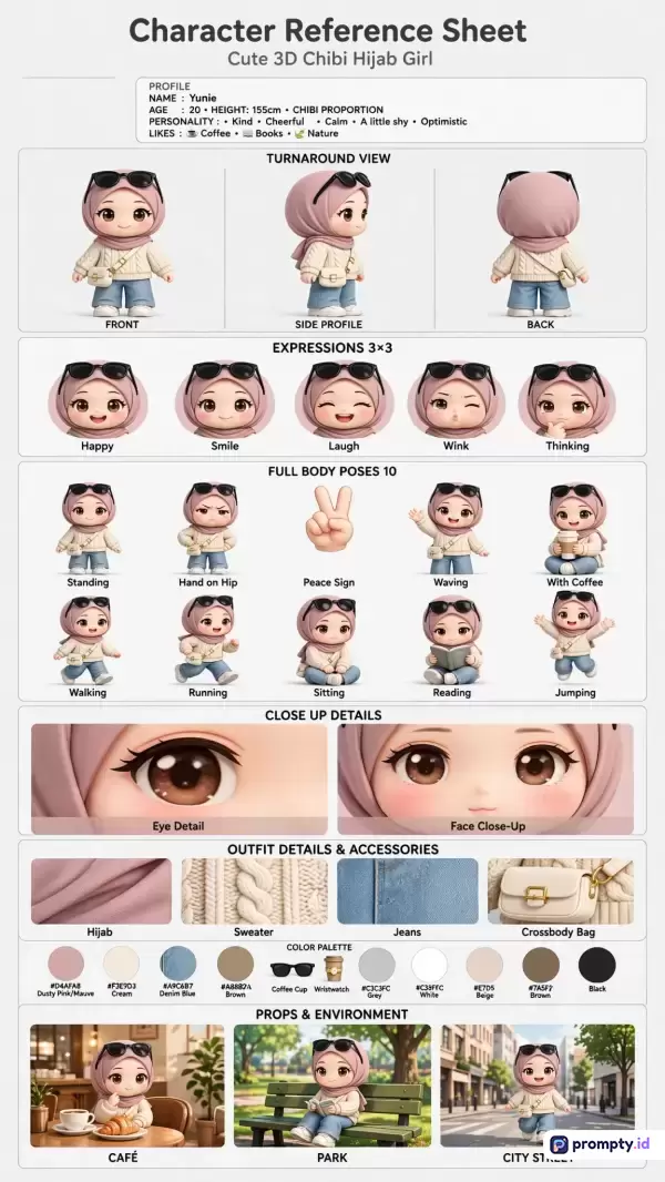 Gambar berformat lembar referensi karakter 3D bergaya chibi ini menampilkan karakter wanita berhijab bernama Yunie dengan berbagai sudut pandang, ekspresi, pose, dan detail pakaian dalam palet warna dominan dusty pink, krem, dan denim blue, serta menggunakan kata kunci karakter 3D, chibi, hijab, lembar referensi, dan desain karakter.