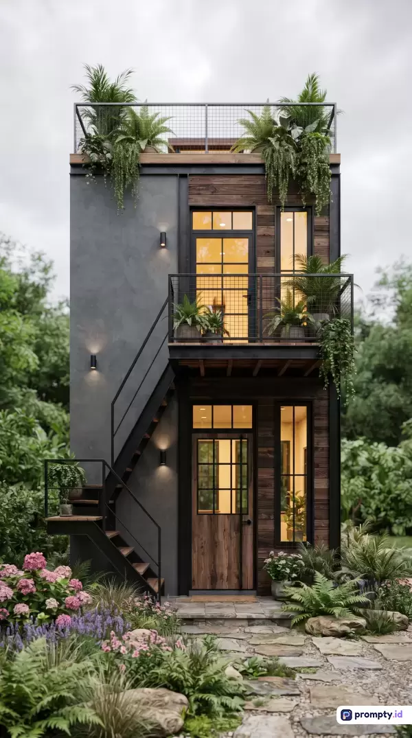 Gambar bergaya arsitektur modern industrial dan eksterior kontemporer ini menampilkan sebuah bangunan bertingkat ramping yang dikelilingi taman hijau subur dengan kata kunci arsitektur modern, rumah minimalis, desain industrial, bangunan bertingkat, dan taman hijau, serta didominasi oleh warna abu-abu, cokelat kayu, dan hijau tanaman.