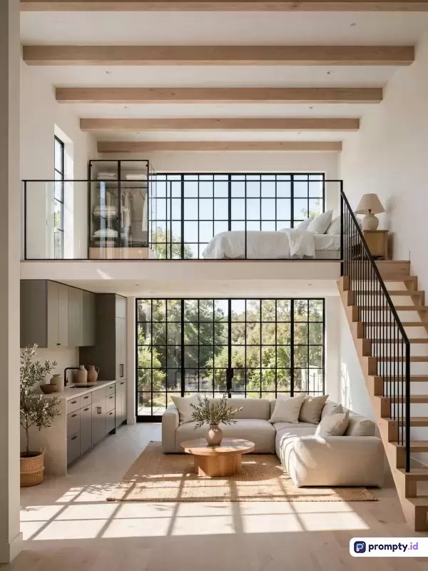 Gambar dengan gaya interior modern kontemporer ini menampilkan konten ruang tamu terbuka dan kamar tidur mezanin yang diterangi cahaya alami, dengan kata kunci desain loteng, rumah minimalis, dan arsitektur terang, didominasi oleh warna putih krem, cokelat kayu, dan hitam pekat.