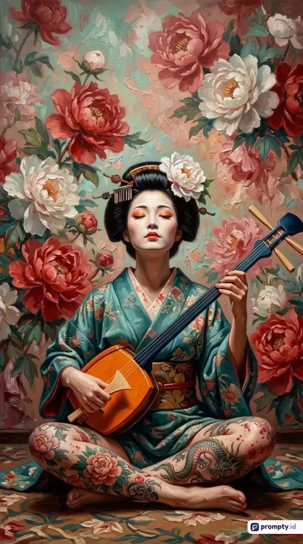 Gambar digital bergenre lukisan minyak gaya impresionis ini menampilkan konten seorang wanita berambut hitam bersanggul dengan hiasan bunga mengenakan kimono hijau bermotif floral, duduk bersila sambil memegang shamisen di depan latar belakang dinding penuh bunga peony besar berwarna merah, putih, dan merah muda, yang dihiasi dengan tiga warna dominan yaitu hijau toska, merah marun, dan putih, serta memiliki kata kunci geisha, shamisen, bunga peony, kimono, tato, seni tradisional Jepang, estetika oriental, lukisan minyak, dan meditasi damai.