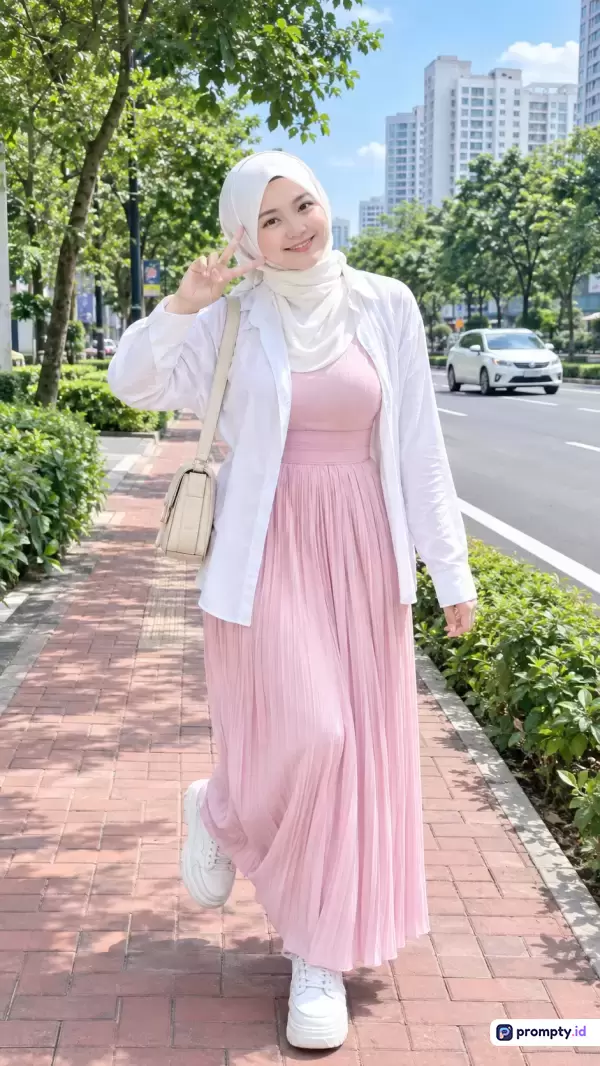 Foto vertikal dengan gaya fotografi jalanan realistis ini menampilkan seorang wanita berhijab yang ceria berjalan di trotoar perkotaan sambil berpose ceria menunjukkan jari damai, mengenakan gaun panjang merah muda, kemeja putih kasual, jilbab putih, dan sepatu kets putih, dengan latar belakang jalan raya, pepohonan hijau, dan gedung-gedung tinggi perkotaan di bawah langit biru cerah, memiliki kata kunci wanita berhijab, fashion jalanan, pink, casual, trotoar perkotaan, dengan tiga warna dominan yaitu putih, merah muda (pink), dan hijau.