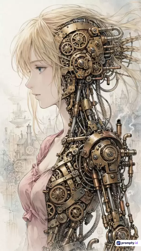 Gambar bergaya ilustrasi anime steampunk ini menampilkan konten wanita cyborg berambut pirang dengan kepala dan tubuh bagian atas yang dipenuhi roda gigi serta pipa mekanis rumit, menggunakan kata kunci cyborg, steampunk, anime, mekanik, sci-fi, didominasi oleh warna krem, cokelat keemasan, dan merah muda pastel.