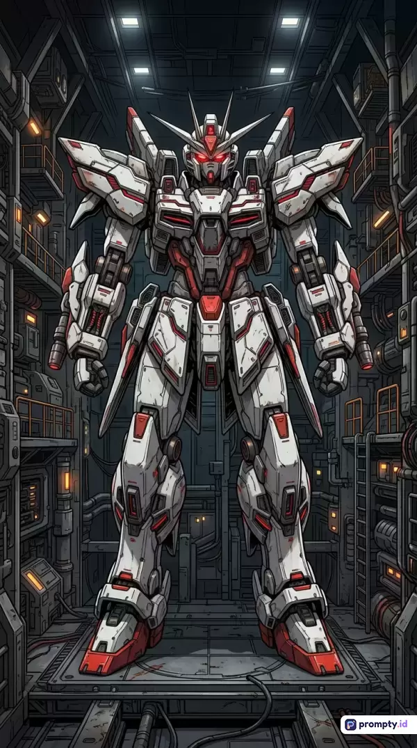 Gambar bergenre *mecha* bergaya ilustrasi komik manga/anime ini menampilkan robot raksasa putih beraksen merah dengan mata menyala yang berdiri di dalam hanggar industri futuristik yang gelap, dengan kata kunci robot, gundam, mecha, fiksi ilmiah, hanggar, dan tiga warna dominan yaitu putih, merah, serta abu-abu gelap.