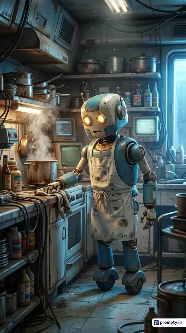 Gambar bergaya fiksi ilmiah retro-futuristik ini menampilkan robot biru berkarat yang memakai apron sedang membersihkan dapur kumuh beruap, dengan kata kunci robot, dapur, sci-fi, retro, dan memasak, didominasi oleh warna biru, cokelat, dan putih.