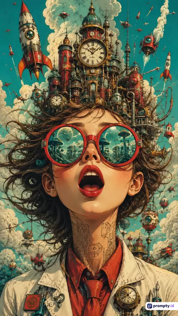 Gambar bergaya ilustrasi steampunk surealis ini menampilkan konten seorang wanita berambut cokelat berjas laboratorium yang kepalanya digantikan oleh kota arsitektur rumit penuh roket dan jam, diperkaya dengan kata kunci seperti fantasi, surealisme, penjelajah waktu, dan fiksi ilmiah, serta didominasi oleh warna biru kehijauan, merah terang, dan krem antik.