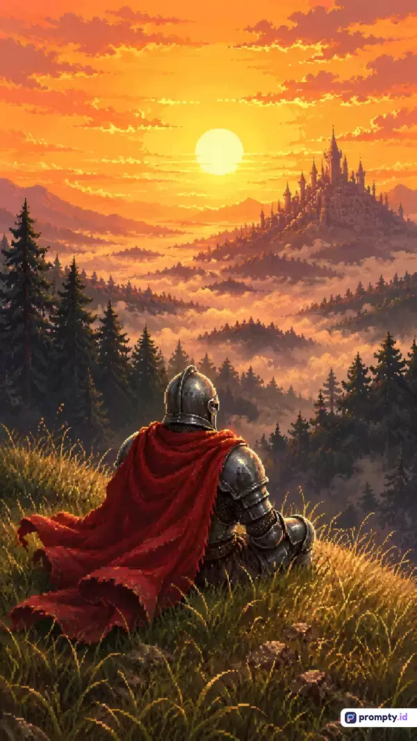 Metadata gambar ini menggunakan gaya seni piksel (pixel art) yang menggambarkan seorang ksatria berjubah merah sedang duduk merenung di atas bukit berumput dengan latar pemandangan hutan pinus berkabut dan kastil megah saat matahari terbenam, memuat kata kunci ksatria, kastil, matahari terbenam, fantasi, dan seni piksel, dengan palet warna dominan oranye, merah, dan hijau tua.