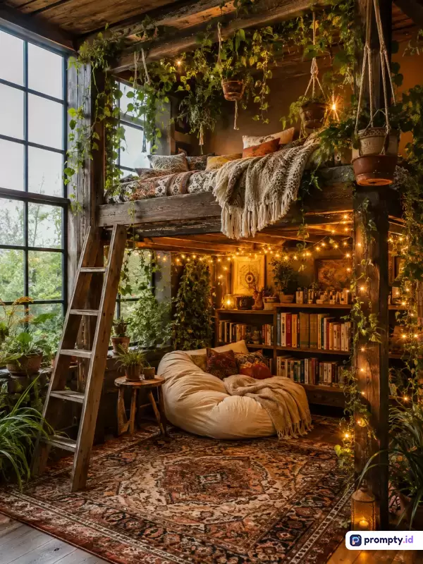 Gambar ini menampilkan interior kamar tidur loteng bergaya boho-rustic yang sangat nyaman, diisi dengan konten seperti tempat tidur tingkat kayu, rak buku, kursi malas, dan dekorasi tanaman rambat melimpah yang dipercantik oleh pencahayaan lampu peri hangat, dengan tiga warna dominan cokelat tua, hijau botol, dan krem hangat, serta kata kunci estetika kamar, loteng kayu, dekorasi tanaman, boho cozy, dan pencahayaan hangat.