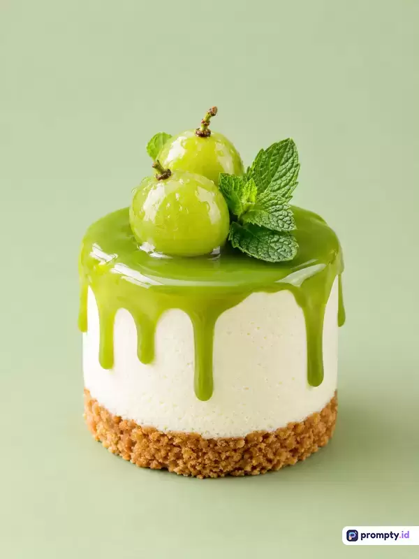 Gambar bergaya fotografi kuliner minimalis modern ini menampilkan konten kue mousse putih berlapis dasar remah biskuit dengan siraman glaze hijau, hiasan buah anggur, serta daun mint segar, yang merepresentasikan kata kunci kue, pencuci mulut, manis, anggur, dan hijau, dengan palet tiga warna dominan yaitu hijau sage, putih, dan cokelat muda.