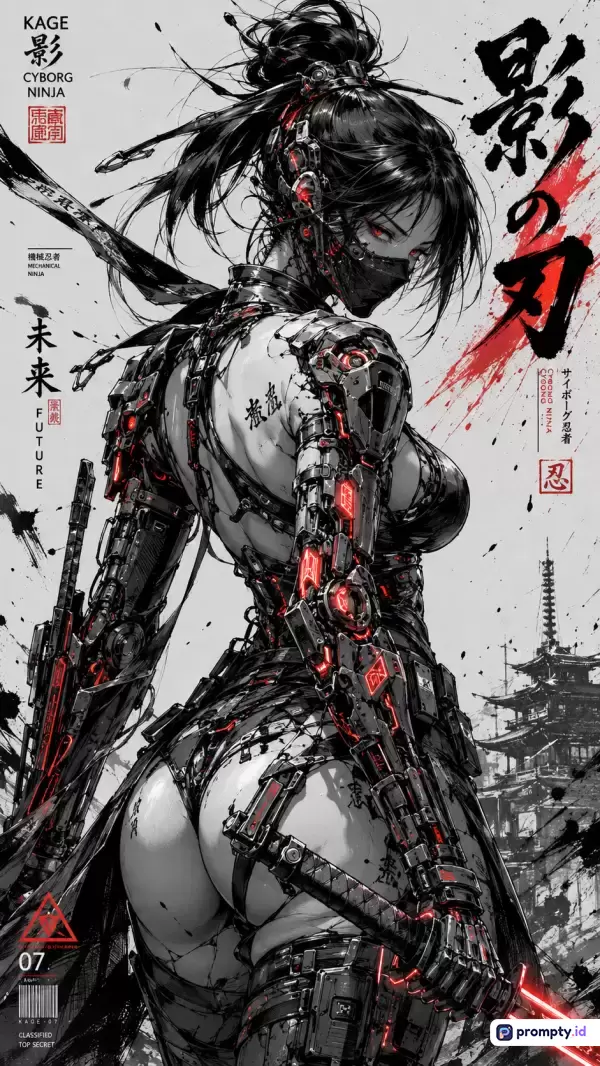 Gambar bergaya seni digital manga cyberpunk ini menampilkan karakter ninja wanita cyborg berambut hitam dengan detail mekanis dan elemen merah menyala, memuat kata kunci fiksi ilmiah, futuristik, prajurit, dan katana dengan tiga warna dominan yaitu hitam, putih, dan merah.
