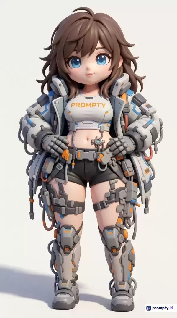 Gambar bergaya 3D *chibi* fiksi ilmiah ini menampilkan karakter wanita berambut cokelat dengan mata biru besar, mengenakan pakaian *cyberpunk* bertuliskan PROMPTY, celana pendek hitam, dan baju zirah futuristik, dengan tiga warna dominan yaitu abu-abu, putih, dan cokelat, serta kata kunci: karakter 3D, *chibi*, fiksi ilmiah, *cyberpunk*, dan futuristik.