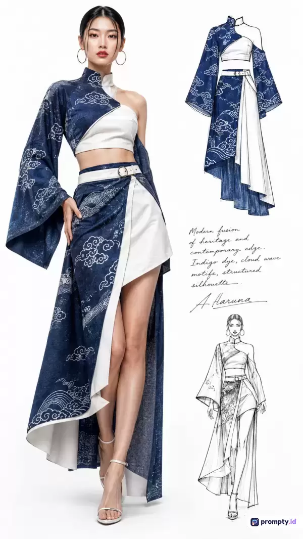 Gambar ilustrasi mode bergaya modern-tradisional ini menampilkan desain busana wanita dengan gaya avant-garde yang memadukan crop top asimetris dan rok belahan tinggi bermotif awan tradisional, didukung oleh tiga warna dominan yaitu biru indigo, putih bersih, dan hitam dengan kata kunci desain busana, sketsa mode, fusi tradisional modern, motif awan, dan busana asimetris.