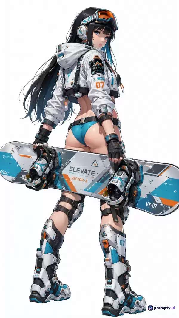 Gambar bergaya ilustrasi anime digital ini menampilkan seorang gadis berambut hitam panjang mengenakan pakaian salju futuristik crop top putih, bikini biru, serta perlengkapan snowboarding canggih dengan kata kunci anime, fiksi ilmiah, snowboarding, pakaian musim dingin, futuristik, didominasi oleh warna putih, biru, dan hitam.
