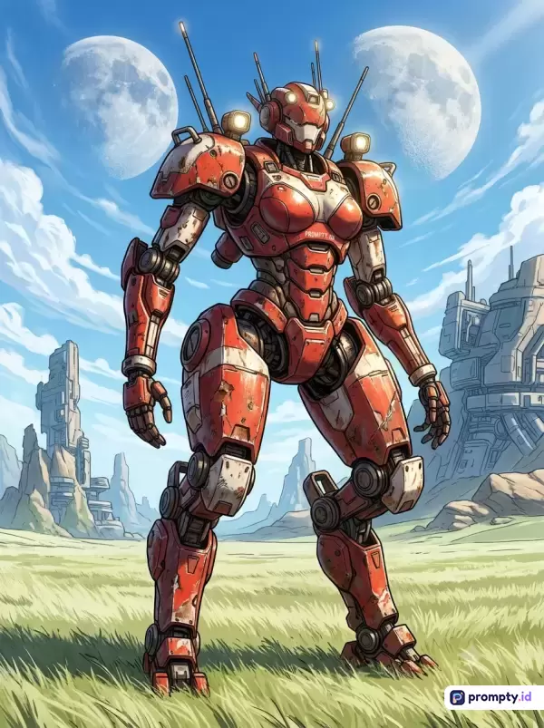 Gambar berformat ilustrasi digital gaya komik fiksi ilmiah ini menampilkan robot mecha humanoid berwarna merah bata, putih, dan biru langit yang berdiri megah di padang rumput alien dengan latar belakang reruntuhan futuristik dan dua bulan kembar, serta memuat kata kunci robot, mecha, fiksi ilmiah, alien, dan ilustrasi digital.