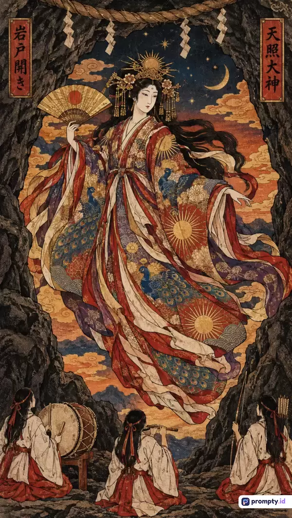 Gambar bergaya seni ukiyo-e tradisional Jepang ini menampilkan konten dewi matahari Amaterasu keluar dari gua yang dikelilingi tiga musisi, dengan palet warna dominan cokelat tua, merah bata, dan biru tua, serta kata kunci mitologi Jepang, dewi matahari, seni klasik, kimono, dan budaya oriental.
