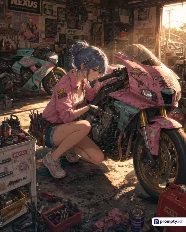 Gambar bergaya anime digital art ini menampilkan seorang gadis berambut biru berjongkok di bengkel motor yang berantakan dengan latar belakang dinding penuh poster, didominasi oleh konten mekanik wanita dan sepeda motor sport, serta menggunakan palet warna merah muda, cokelat tua, dan biru toska dengan kata kunci mekanik, anime, bengkel, sepeda motor, dan garasi.