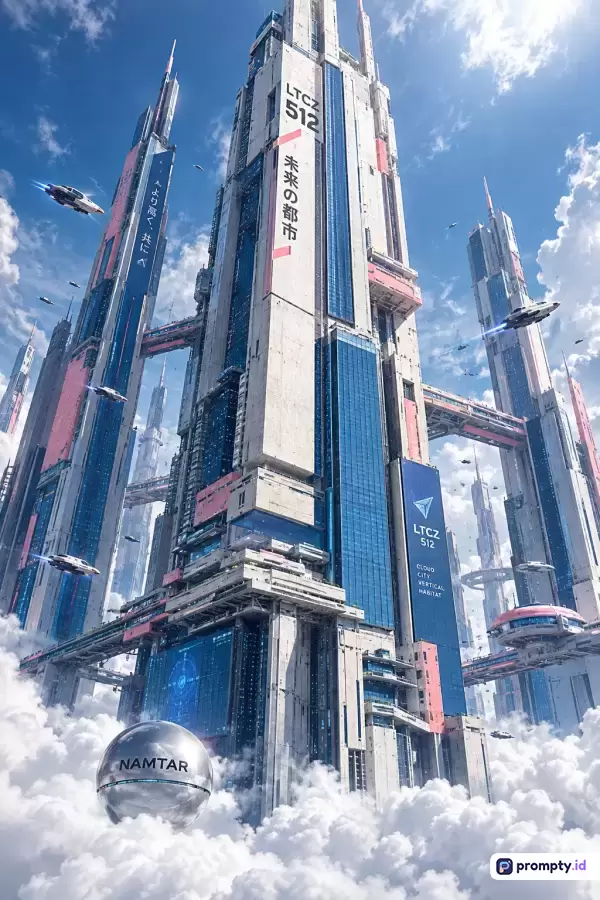 Gambar bergaya seni digital futuristik ini menampilkan pemandangan perkotaan fiksi ilmiah yang megah dengan konten arsitektur pencakar langit raksasa di atas awan, dihiasi kendaraan terbang dan teks multibahasa, menggunakan palet warna dominan putih, biru, dan merah muda, serta kata kunci arsitektur masa depan, kota awan, cyberpunk, sci-fi, dan kendaraan terbang.