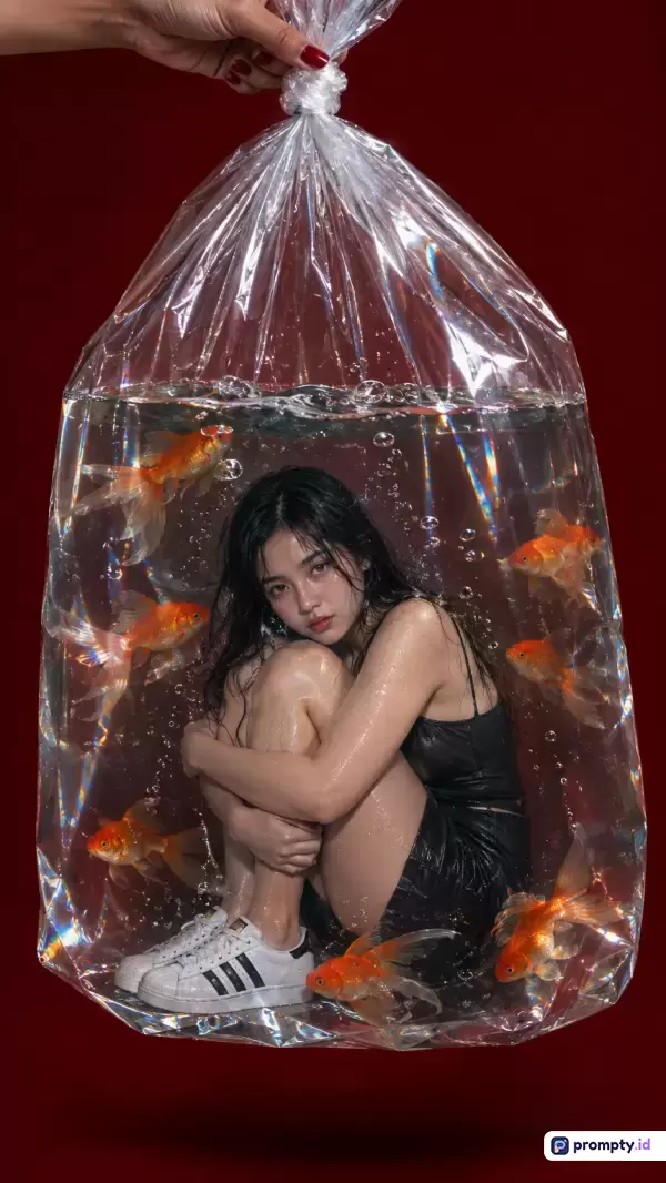 Gambar bergaya surealis ini menampilkan konten seorang wanita berambut basah mengenakan pakaian hitam dan sepatu kets yang duduk meringkuk di dalam kantong plastik transparan berisi air dan dikelilingi oleh ikan mas, dengan dominasi warna merah marun, putih, dan jingga, serta kata kunci: fotografi konseptual, wanita dalam plastik, ikan mas, surealisme, estetika air.