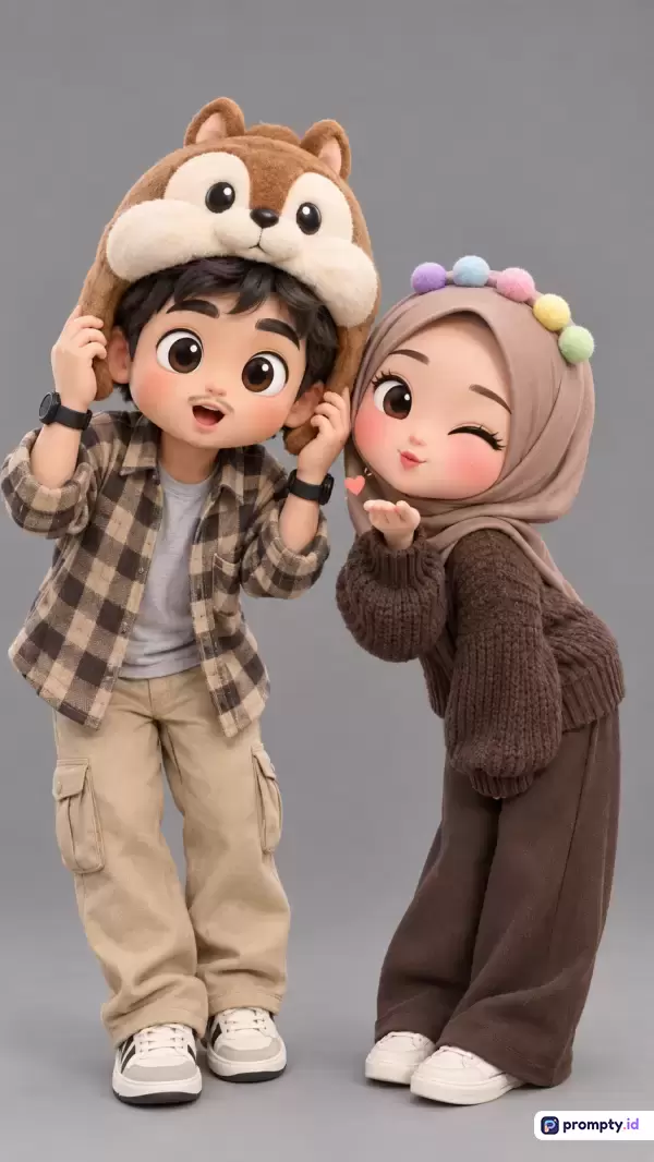 Gambar 3D bergaya *chibi* beresolusi tinggi ini menampilkan sepasang karakter kartun menggemaskan, yaitu seorang pria berjaket flanel cokelat memakai topi tupai dan wanita berhijab cokelat dengan hiasan pom-pom warna-warni yang sedang meniup ciuman, dengan dominasi warna cokelat, abu-abu, dan krem, serta kata kunci: animasi 3D, pasangan muslim, gaya chibi, kartun romantis, karakter lucu.