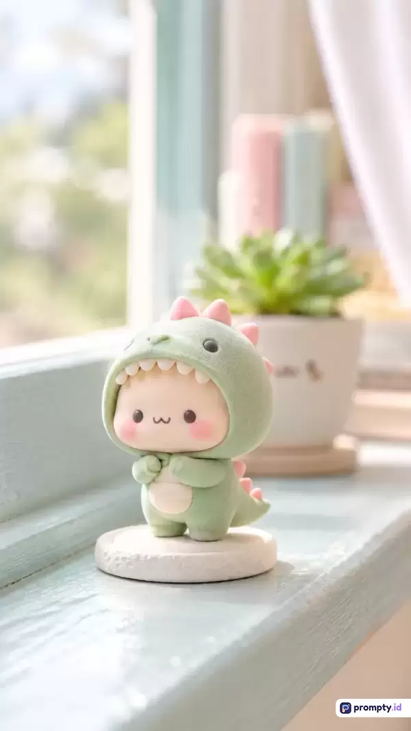 Gambar bergaya fotografi makro berfokus pada figur mainan chibi menggemaskan mengenakan kostum dinosaurus hijau pastel dengan latar belakang ambien jendela kamar tidur, mencakup kata kunci seperti boneka, estetik, imut, dekorasi, dan mainan, didominasi oleh warna hijau sage, merah muda lembut, dan putih gading.