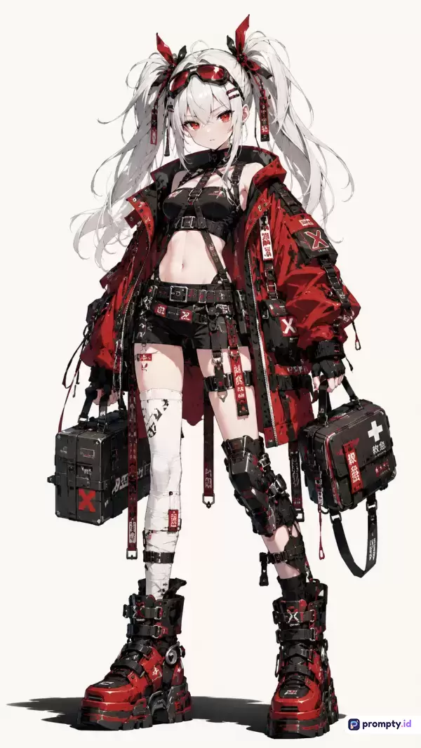 Gambar bergaya anime digital ini menampilkan seorang gadis berambut putih panjang dikuncir dua, mengenakan pakaian taktis modern berwarna merah dan hitam serta membawa dua kotak medis, dengan dominasi warna merah, hitam, dan putih, serta kata kunci: anime, karakter wanita, cyberpunk, taktis, medis, sci-fi, ilustrasi.