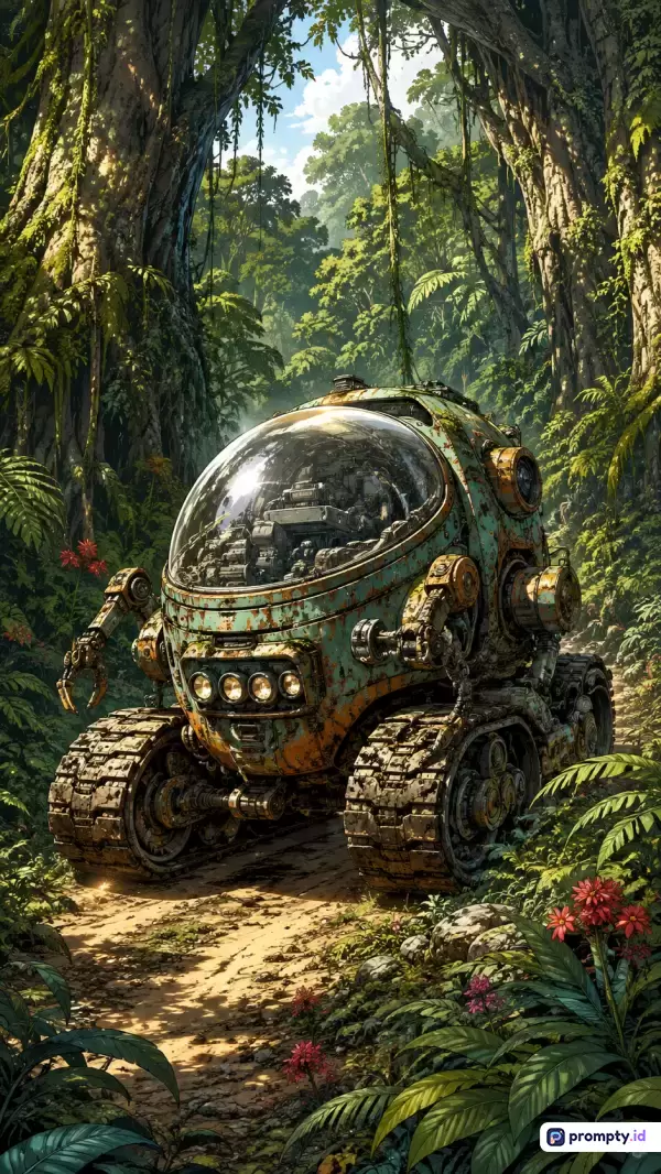 Gambar bergaya ilustrasi digital fiksi ilmiah ini menampilkan sebuah kendaraan penjelajah berbentuk bulat dengan roda rantai tank yang berkarat, sedang melintas di jalur setapak di tengah hutan hujan tropis yang lebat dan asri, dengan kata kunci robot, penjelajah, hutan, futuristik, dan petualangan, serta didominasi oleh warna hijau tua, cokelat tanah, dan biru langit.