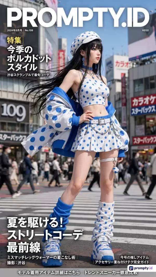 Gambar bergaya majalah fashion Jepang ini menampilkan model wanita berambut hitam dengan gaya busana jalanan (*street style*) motif polkadot biru dan putih di persimpangan Shibuya, memiliki tiga warna dominan yaitu biru, putih, dan hitam, serta mencakup kata kunci model fesyen, jepang, polkadot, shibuya, dan majalah.