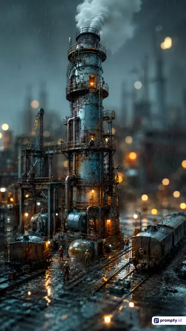 Gambar bergaya fotografi tilt-shift sinematik ini menampilkan konten kompleks berupa kilang minyak industri berkarat di tengah hujan malam dengan latar belakang pabrik buram, menggunakan kata kunci pabrik, kilang minyak, industri, hujan, malam, tilt-shift, sinematik, kereta, didominasi oleh warna biru tua, abu-abu gelap, dan jingga hangat.