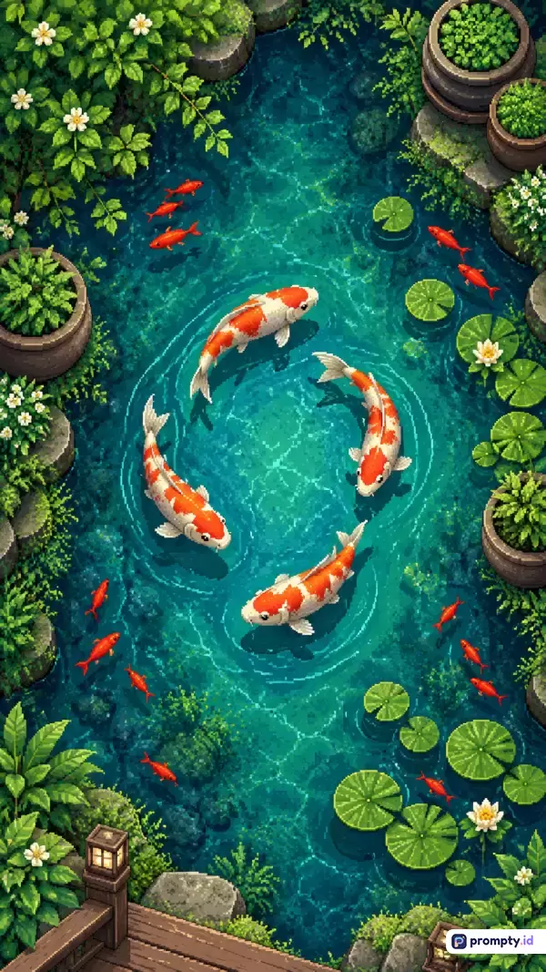 Gambar ini menggunakan gaya seni piksel (pixel art) yang menampilkan pemandangan atas kolam koi jernih yang dikelilingi tanaman rimbun, pot bunga, dan teratai, dengan kata kunci kolam koi, seni piksel, ikan mas, tanaman air, dan alam, serta tiga warna dominan yaitu hijau, biru toska, dan jingga.