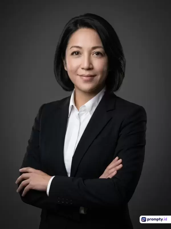 Gambar bergaya potret profesional studio ini menampilkan seorang wanita paruh baya berambut hitam pendek dengan ekspresi percaya diri, mengenakan kemeja putih berlapis jas hitam formal berpose melipat tangan di depan dada dengan latar belakang abu-abu polos, serta memiliki kata kunci wanita karier, eksekutif, profesional, bisnis, dan kepemimpinan, dengan tiga warna dominan yaitu hitam, abu-abu, dan putih.