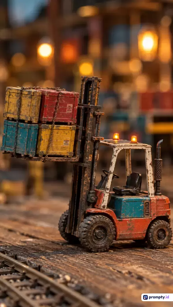 Gambar bergaya fotografi miniatur realistis dengan teknik *depth of field* ini menampilkan konten sebuah mainan truk forklift tua yang sedang mengangkut tumpukan peti kayu warna-warni di atas rel kereta kayu bernuansa industri, dengan kata kunci forklift miniatur, mainan antik, logistik industri, dan fotografi makro, serta didominasi oleh warna cokelat kayu, merah bata, dan biru keabuan.